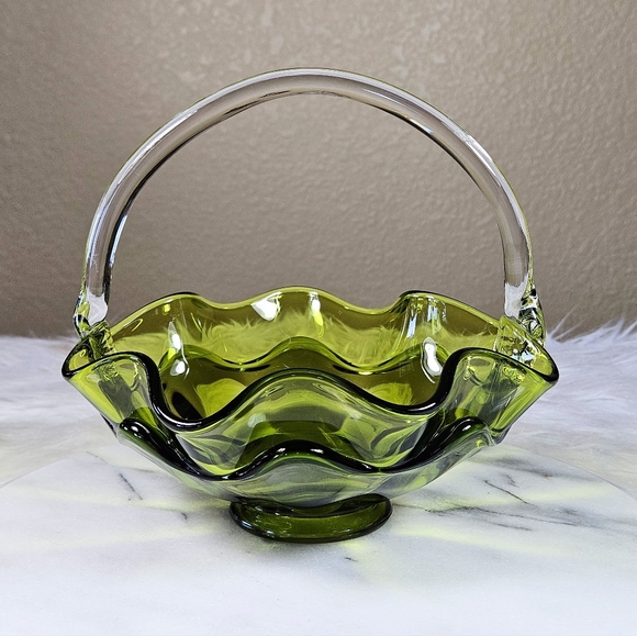 Vintage Viking Green Art Glass Epic Double Crimped Layer Basket - Picture 3 of 8